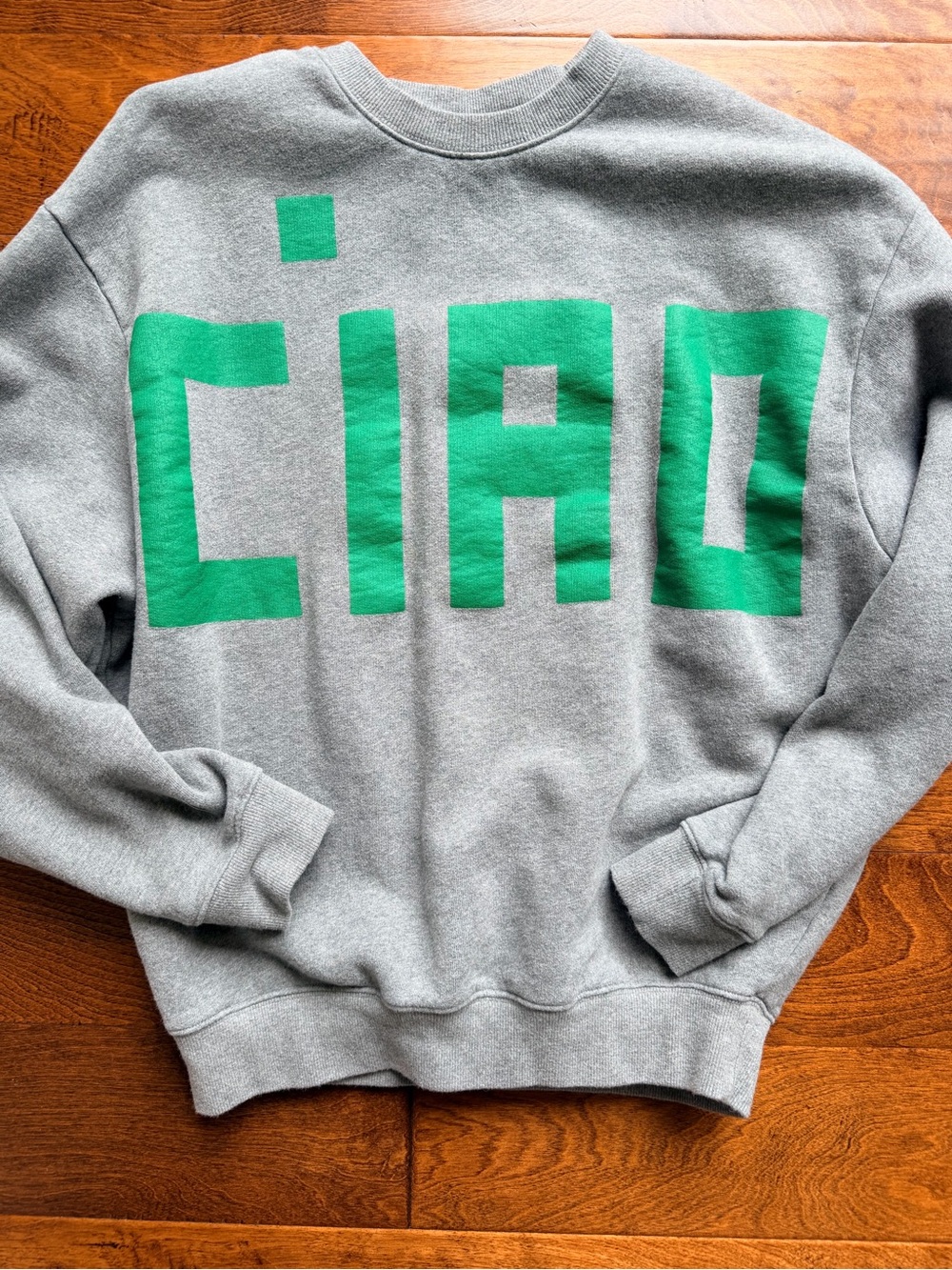 Clare V Gray Crewneck Sweater with Green Block Logo